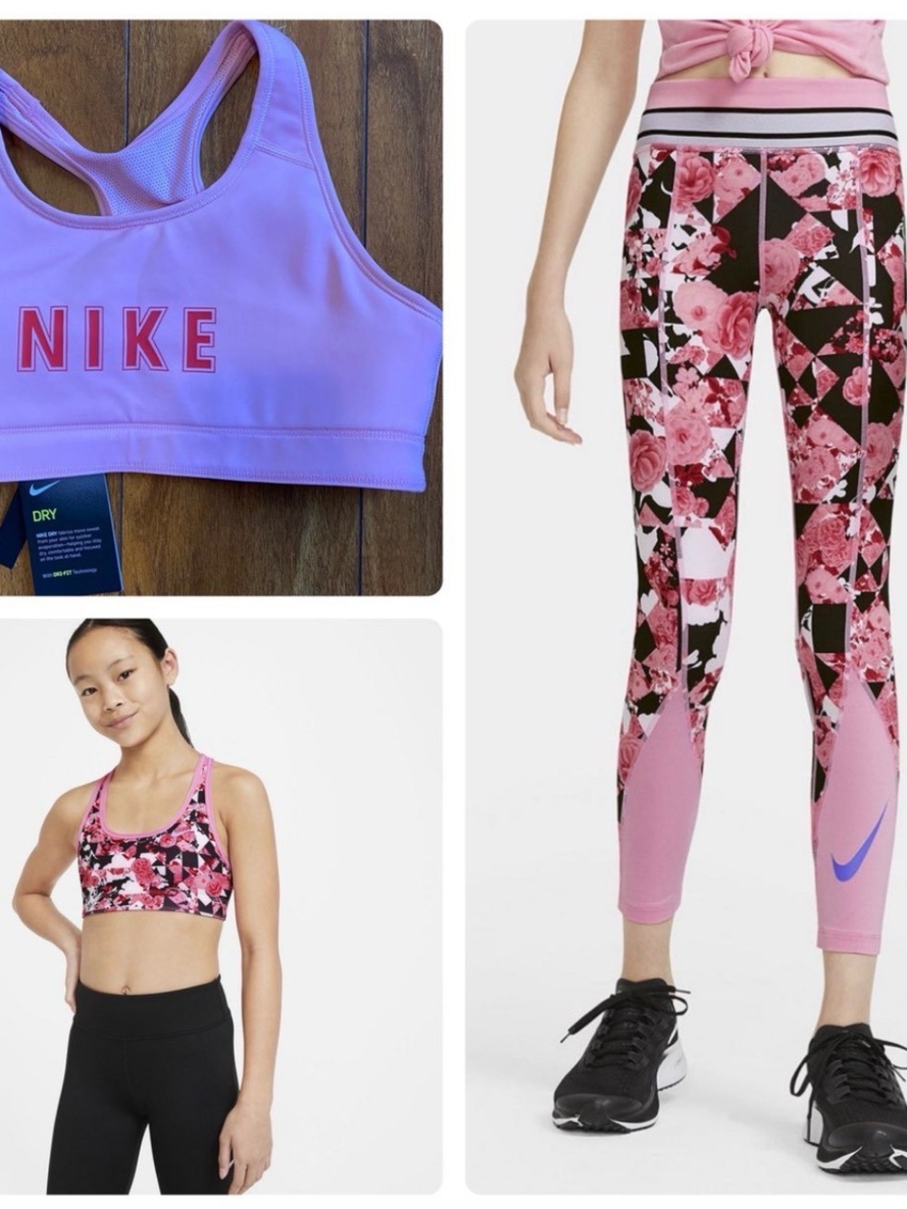 Girls Nike Pink Sports Bra, Black Tank & Pink Floral Leggings Sz L 12-14 - Picture 3 of 9